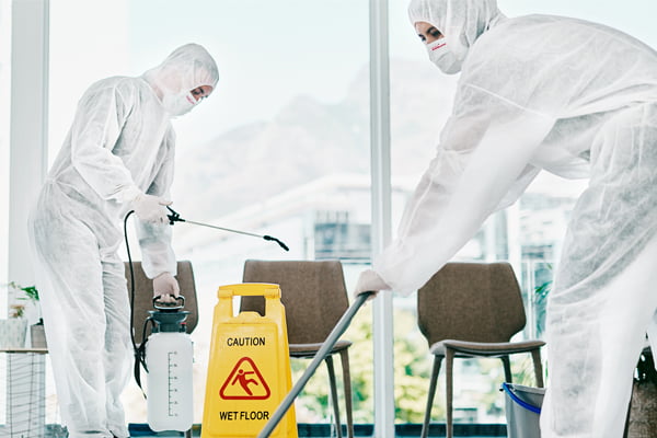 Hospital cleaners in antiviral treated PPE clothing and face masks